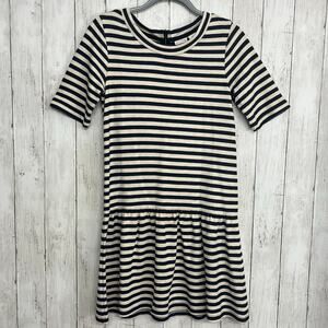 Marina Luna Cream Blue Striped Nautical Drop Waist Short Sleeve Pleated Dress